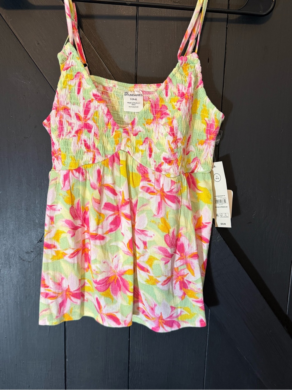 No Boundaries Pink Green Yellow Floral Smocked Tank with Adjustable Straps